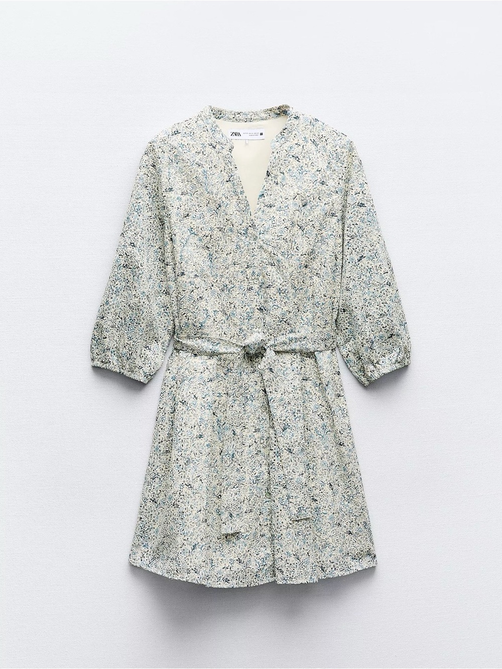 NWOT Zara Floral Tie-Waist Mini Dress in Light Blue and Cream SZ L
